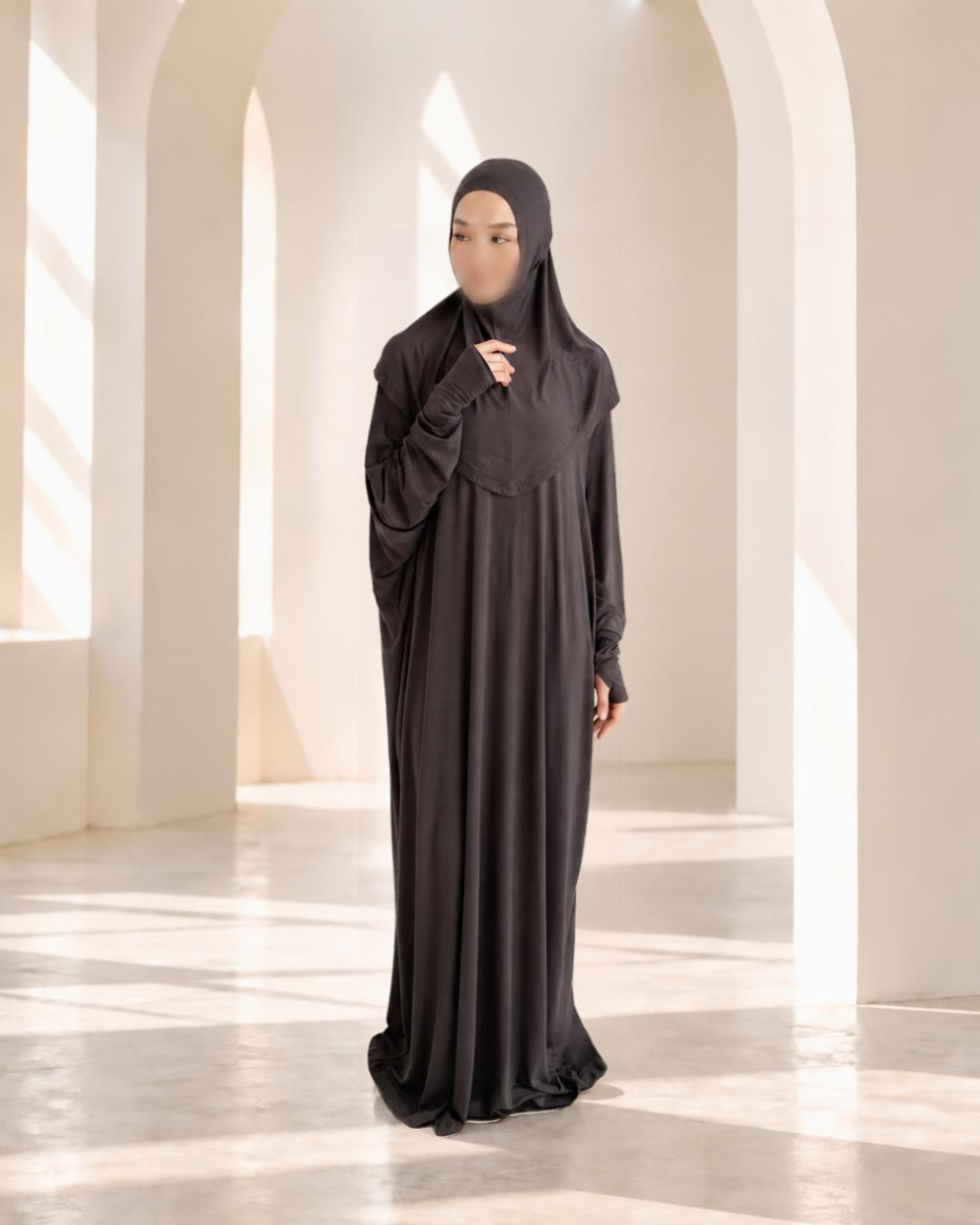 Maryam Prayer Dress in Brown, back view showing the attached matching hijab and full-length drape